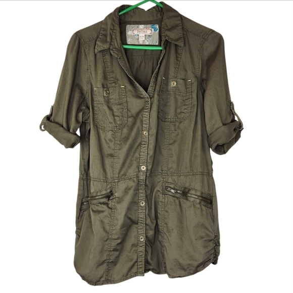 Decree Tops - Decree Army Green Utility Button Up Zip Pockets Roll Tab Sleeve Top Size XXL